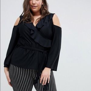 ASOS Curve black wrap cold shoulder top